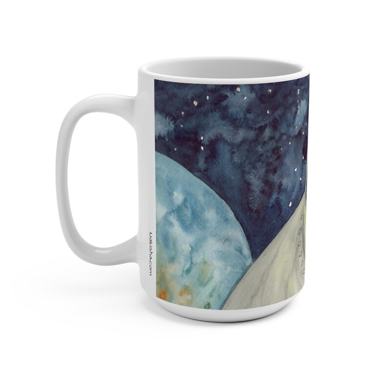 LWR and the Alien Mug - Large Ceramic 15oz Coffee Mug, Featuring a Watercolor of a Rabbit in a Space Ship with a Green Alien Bunny image 5
