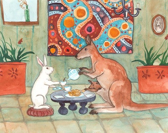 Tea with Kangaroo- Fine Art Print-Cute White Rabbit having Tea with Kangaroo, from an Original Watercolor Painting from Nakisha's Tea Series