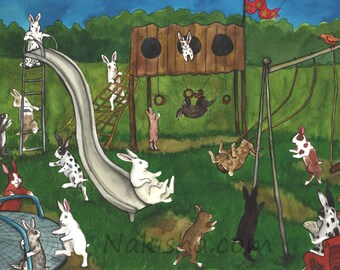 Play Ground - Fine Art Print - Rabbit Art Illustration, Adorable Bunny Rabbits Playing on Swings, Slide, Jungle Gym, Colorful Fun Painting