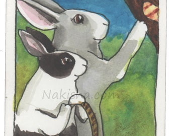 Finding an Egg - Original Watercolor Rabbit Painting - ACEO