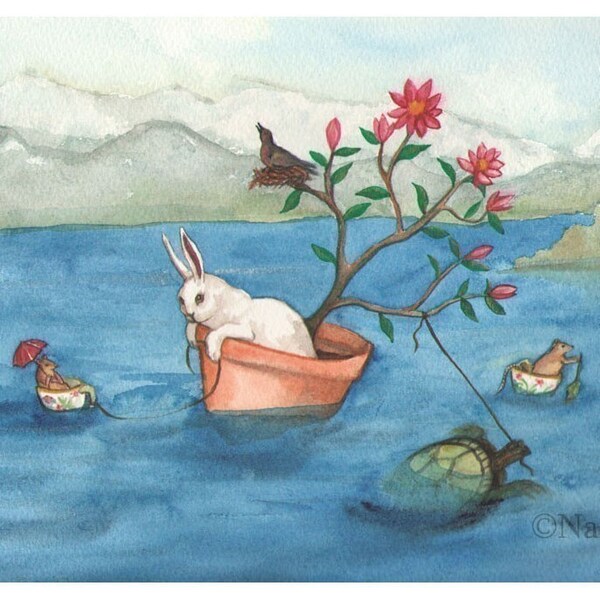 Limited Edition Fine Art Rabbit Print - Crossing the Lake
