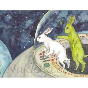 May include: Watercolor painting of two rabbits in a spaceship. One white rabbit is at the controls, while a green rabbit with antennae gestures. The background shows a blue planet and a starry night sky. The word "Nakisa" is visible.