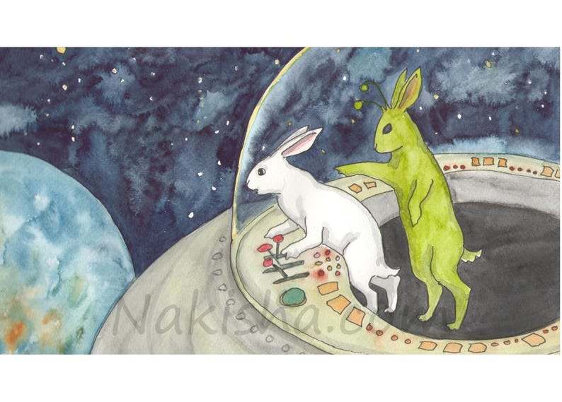 May include: Watercolor painting of two rabbits in a spaceship. One white rabbit is at the controls, while a green rabbit with antennae gestures. The background shows a blue planet and a starry night sky. The word "Nakisa" is visible.
