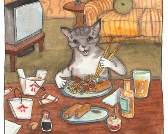 Fine Art Cat Print - Kitty With Take Out- Cute Cat And Food Painting, Tabby Cat with Chopsticks, Funny Cat Art, Chinese Take Out, Signed Art