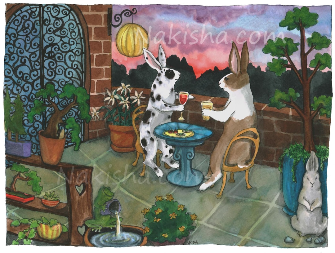 Terrace Rabbit Terrace Sunset - Signed Fine Art Print From Original Watercolor ...