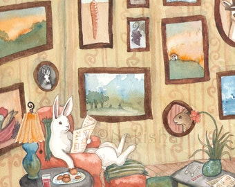 The Art Collector - Fine Art Print, Cute White Rabbit with its Art Collection, from Hand Painted Original Watercolor Painting, Signed Print