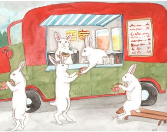 Taco Truck - Fine Art Rabbit Print, Based on Original Watercolor Painting, Cute Bunnies getting Tacos at a Taco Truck, Signed by Artist