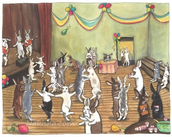 Original Painting - School Dance - Hand Painted, One of a Kind Original Watercolor Art, Bunny Rabbits Dancing, Band Playing, Cute School Art