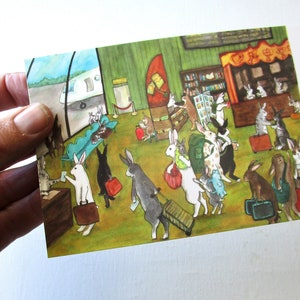 À l'aéroport - lot de six cartes postales artistiques, cartes de lapin mignon, cartes de peinture animalière originales, cartes-cadeaux de voyage, cartes postales amusantes, uniques