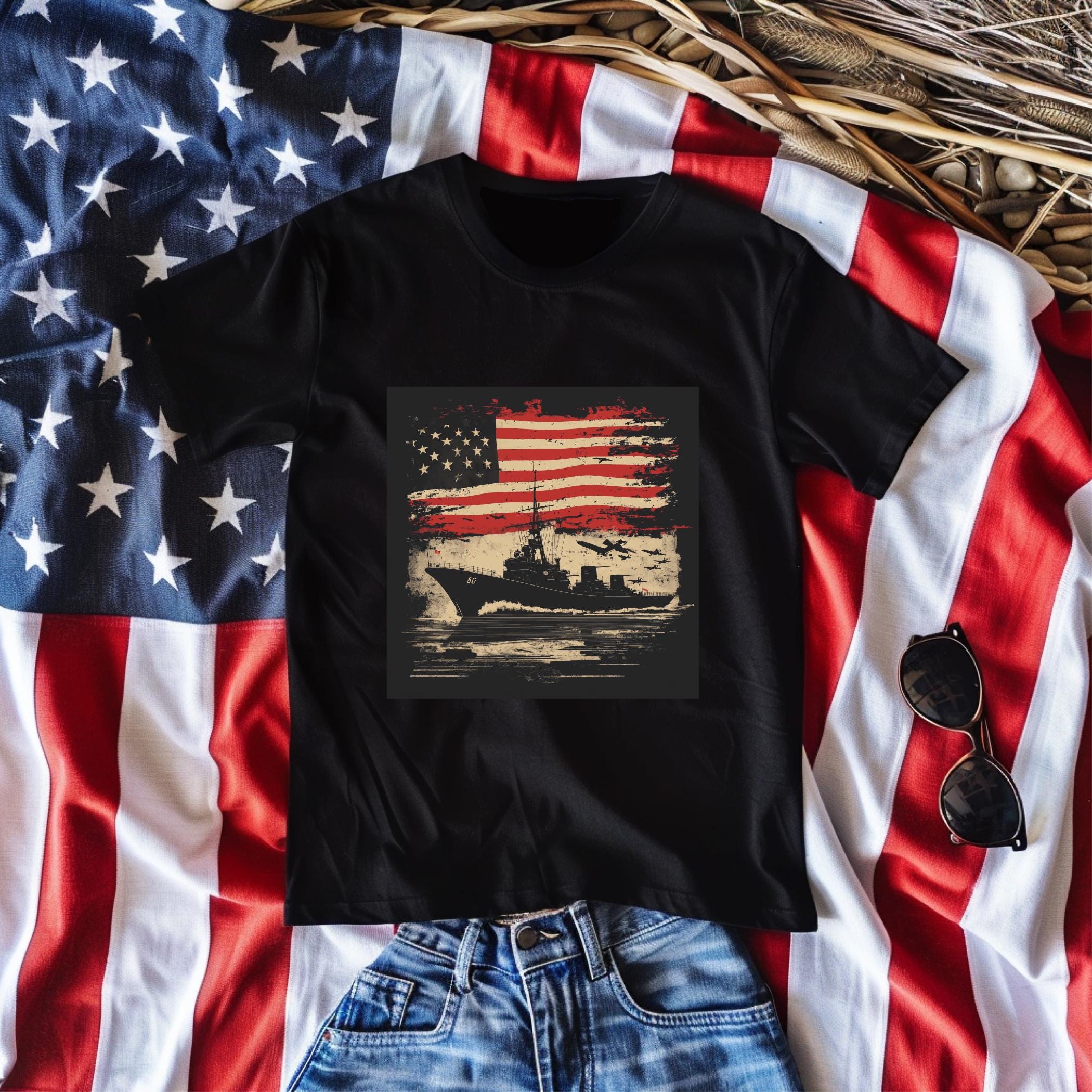 Ship Planes Sea Flag! T-Shirt Men's Women's T-Shirt Veterans Day  Independence Day Fourth of July 4th of July American USA