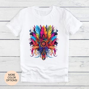 Boho Feather Vibes! Unisex Women&#39;s Men&#39;s Tee in Multiple Colors & Sizes. Float freely with this light, dreamy boho feather-inspired desi