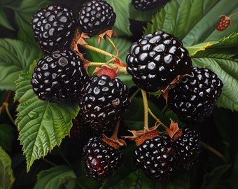 May include: A close-up of a cluster of ripe blackberries on a branch with green leaves. The blackberries are a deep, glossy black, and the leaves are a vibrant green. The image is well-lit, highlighting the textures and details of the fruit and foliage.