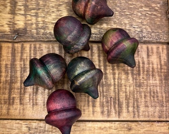 Wooden Acorns Rustic Lucky Acorn | Rustic RED Green Brown Purple Autumn Warm | Tree Decoration Hand Stained Solid - Set of 3