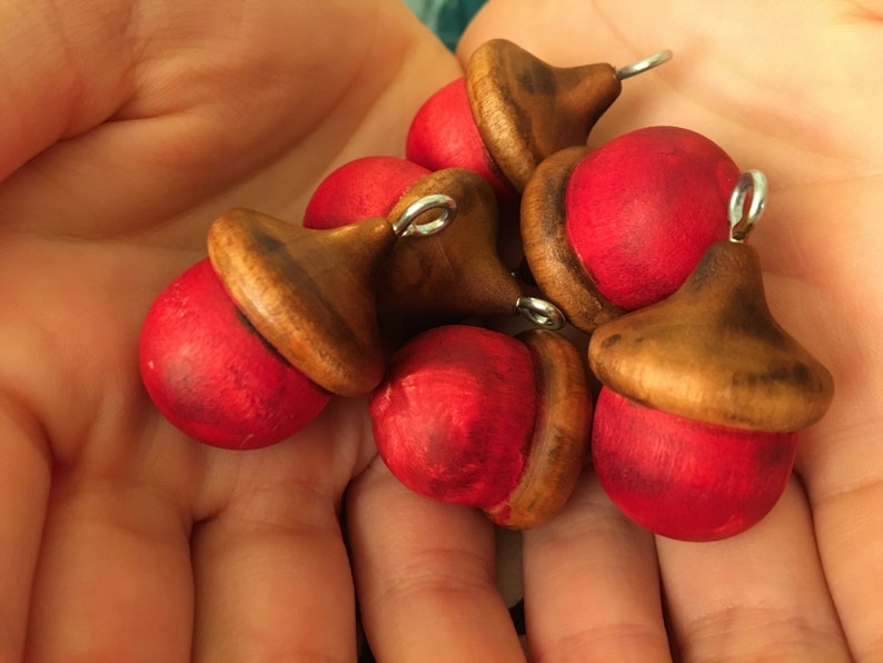 Wooden Acorns POPPY RED Lucky Solid Wood Acorn Poppy Stained Decor Ornaments image 4