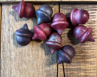 Acorns Wood Metallic Shimmer | Natural Red Crimson Brown Shimmer | Acorn Hand Stained Solid Wood decor