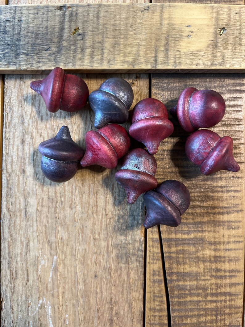 Acorns Wood Metallic Shimmer Natural Red Crimson Brown Shimmer Acorn Hand Stained Solid Wood decor set of 3 image 1