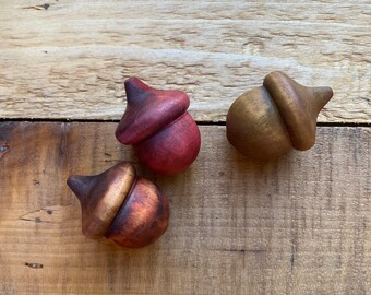 Wooden Acorns Lucky Acorn Rustic RED ORANGE Brown Acorn Color Stained Solid Wood Decor Set of 3