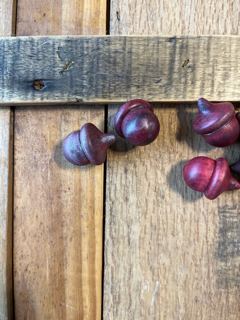 Acorns Wood Metallic Shimmer Natural Red Crimson Brown Shimmer Acorn Hand Stained Solid Wood decor set of 3 image 9