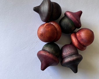 Rustic Wooden Acorns | Lucky Acorn Rustic | Green ORANGE Brown Autumn Warm Acorn | Stained Solid Wood Decor Set of 3