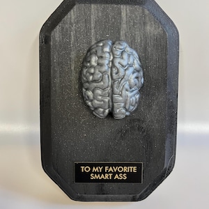 Puede incluir: Placa decorativa con un modelo de cerebro plateado fijado a una base de madera negra octogonal. La placa incluye una pequeña placa rectangular con el texto "TO MY FAVORITE SMART ASS".