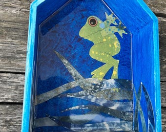 Frosch springend blau Schrein Home | Springender Frosch Hausaltar-Holz 15x15 cm