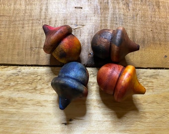 Woodland Decor Wooden Acorn SALE | Warm Acorns Red Brown Red Orange  Blue Earth Tone | Lucky Acorns Color Stained Solid Wood | set of 4