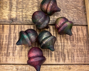 Acorns Wooden Rustic Lucky Acorn | Rustic RED Green Brown Purple Autumn Warm | Tree Decoration Hand Stained Solid - Set of 7