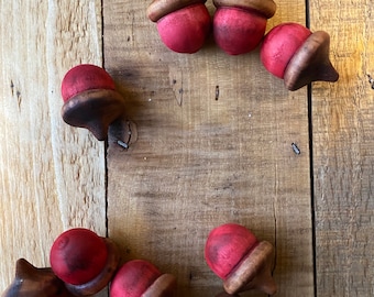 ACORNS Red Wooden Lucky Acorn Solid Wood | Acorn Poppy RED Acorn Stained Forest decor