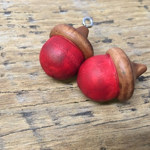 Wooden Acorns POPPY RED Lucky Solid Wood Acorn Poppy Stained Decor Ornaments image 1