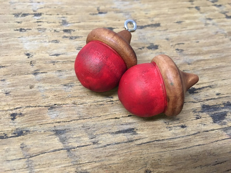 Wooden Acorns POPPY RED Lucky Solid Wood Acorn Poppy Stained Decor Ornaments image 1