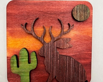 Jackalope Mini Wood Artwork | Western Sunset Desert Scene 4x4