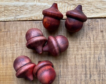 Wood Acorns WARM RED Brown Crimson Red Orange Acorn Lucky Acorn Fall Autumn Harvest Tree Nut decor hand stained set of 2