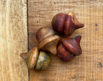 Wooden Acorns Rustic Lucky Acorn - Rustic RED ORANGE Green Brown Autumn Warm - Acorn Hand Stained Solid Wood Decor - Set of 4