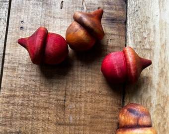 Woodland Acorns Solid Wood Red Yellow Brown | Acorn  Earth Red Yellow | Fall Autumn Harvest | Acorn Color Stained Solid Wood Warm Set of 4