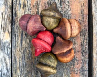 Acorns Wooden Rustic Lucky Acorn | Rustic RED Green Brown Purple Autumn Warm | Tree Decoration Hand Stained Solid - Set of 6