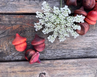 Wooden Acorns Lucky Acorn Earth Tone Autumn Fall Harvest Red Orange Brown Acorn Color Stained Solid Wood Set of 3