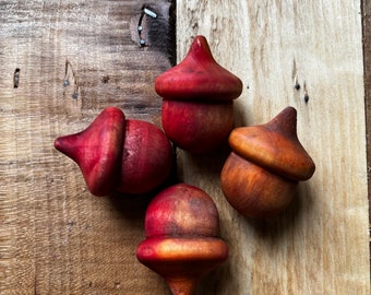 Natural Acorns Solid Wood | Red Amber Brown Lucky Acorn Earth | Fall Wedding Autumn Harvest Acorn Color Stained Solid Wood Warm Set of 4