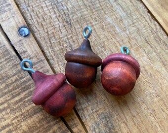 Wooden Acorn Lucky Acorns Wood Fall RED Orange Brown Harvest Earth Tones Stained Solid Wood Nut Set of 3 Ornaments