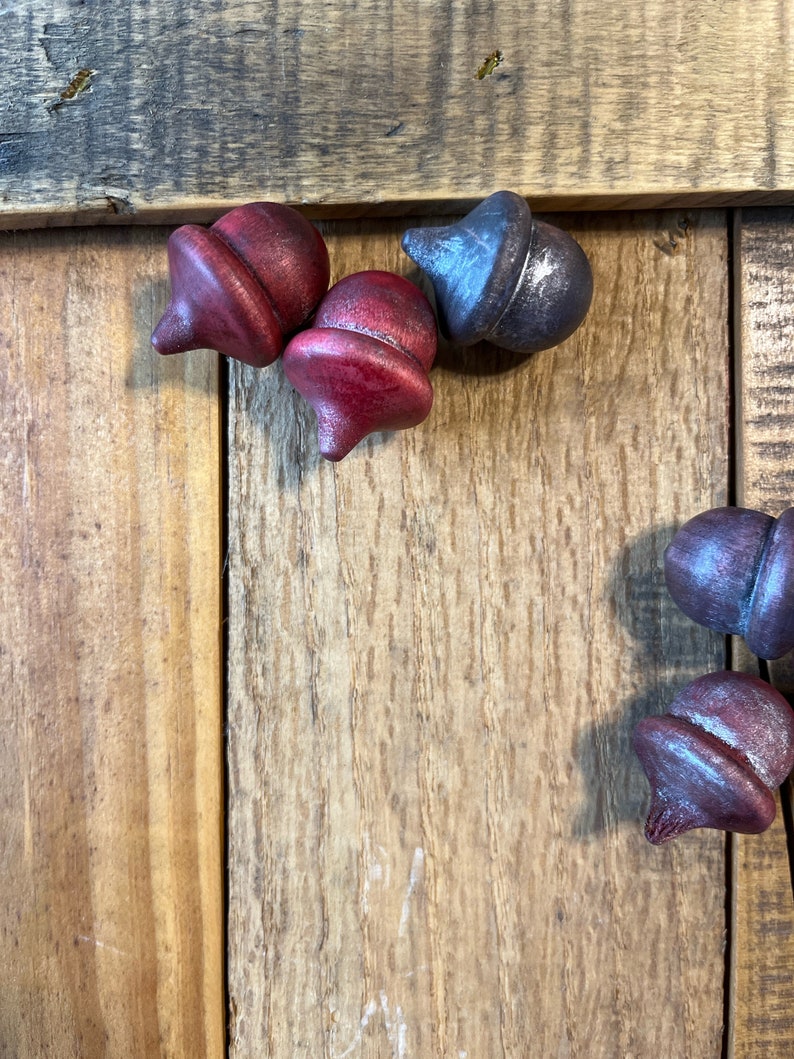 Acorns Wood Metallic Shimmer Natural Red Crimson Brown Shimmer Acorn Hand Stained Solid Wood decor set of 3 image 7