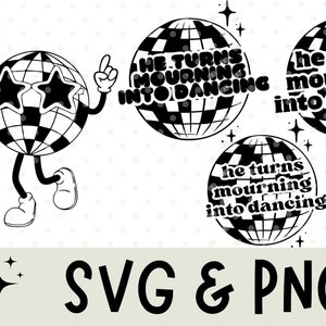 May include: Black and white illustration of a disco ball with arms and legs dancing. The disco ball has the text "He turns mourning into dancing" on it.