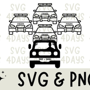 Puede incluir: Ilustración en blanco y negro de línea de arte de cinco coches de policía, cuatro de ellos están mirando hacia adelante y uno está mirando hacia atrás. El coche de atrás tiene el texto "1947 - 2024" en el parachoques delantero.