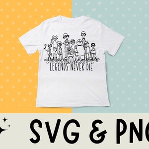 May include: White t-shirt with a black graphic of a group of people with the text "LEGENDS NEVER DIE". The shirt is a crew neck style and is made of a soft material. The background is split between yellow and light blue.