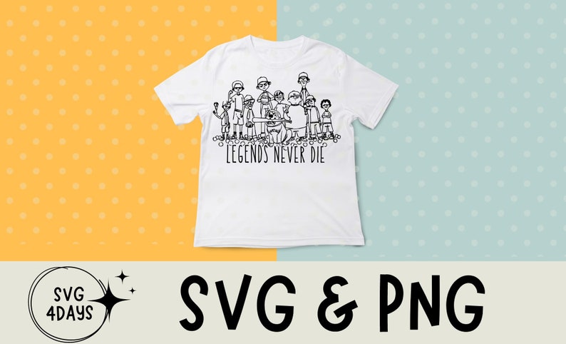 May include: White t-shirt with a black graphic of a group of people with the text "LEGENDS NEVER DIE". The shirt is a crew neck style and is made of a soft material. The background is split between yellow and light blue.