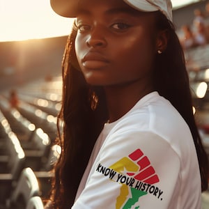 May include: A person wearing a white t-shirt with a raised fist graphic and the text "KNOW YOUR HISTORY." The fist is red, yellow, and green, and the graphic also includes a stylized outline of the continent of Africa. The person is wearing a light gray baseball cap and has long black hair.
