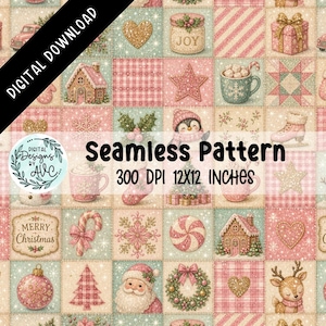 May include: A seamless digital pattern featuring a grid of festive Christmas icons in soft pink, green, and cream tones. Elements include a gingerbread house, Santa Claus, a reindeer, a penguin, candy canes, ornaments, and snowflakes with glittery accents.