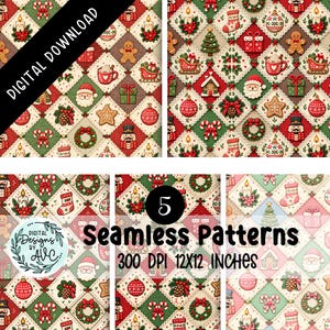 May include: A digital download featuring five seamless patterns with a diamond grid design. Each diamond contains Christmas icons like Santa, gingerbread men, nutcrackers, ornaments, stockings, and candy canes in red, green, and white.