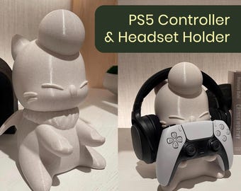 Magnificent Moogle headphone + PS5 gaming controller stand, Final Fantasy headset holder, FFXIV gamer gift, game room & moguri desk decor