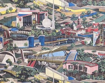 May include: A vintage illustration of the 1939 New York World's Fair, featuring a detailed aerial view of the fairgrounds with various buildings, pavilions, and attractions. The illustration is in a colorful style with a focus on the iconic Trylon and Perisphere.
