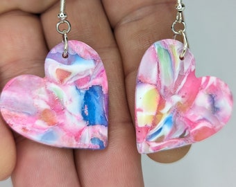 Pink Marble Swirl Dangle Heartsfor Valentines Day Pastel Spring Polished Clay with Silver Hardware