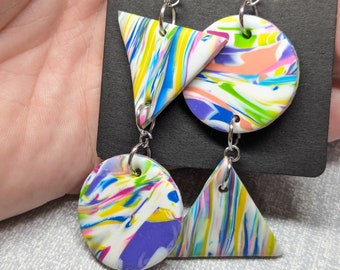 Art Teacher Core Geometric Triangle Circle Dangle Earrings Rainbow Tie Dye with Sliver Hardware